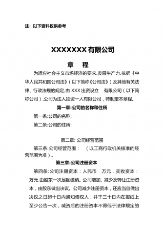 一人公司公司章程空白范本.doc