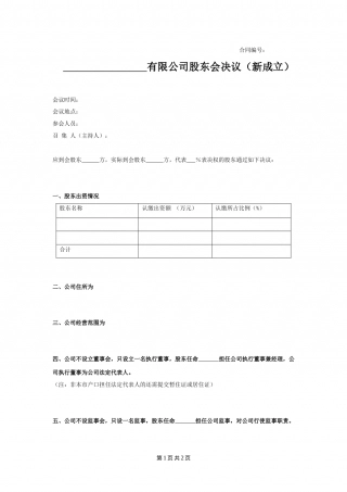 股东会决议（新成立）.doc