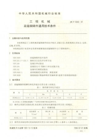 JB／T 5940-1991 工程机械 高锰钢铸件通用技术条件.PDF