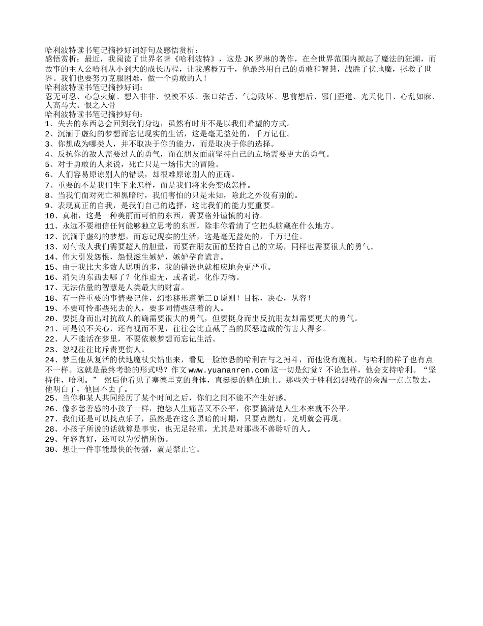 哈利波特读书笔记摘抄好词好句及感悟赏析.txt_第1页