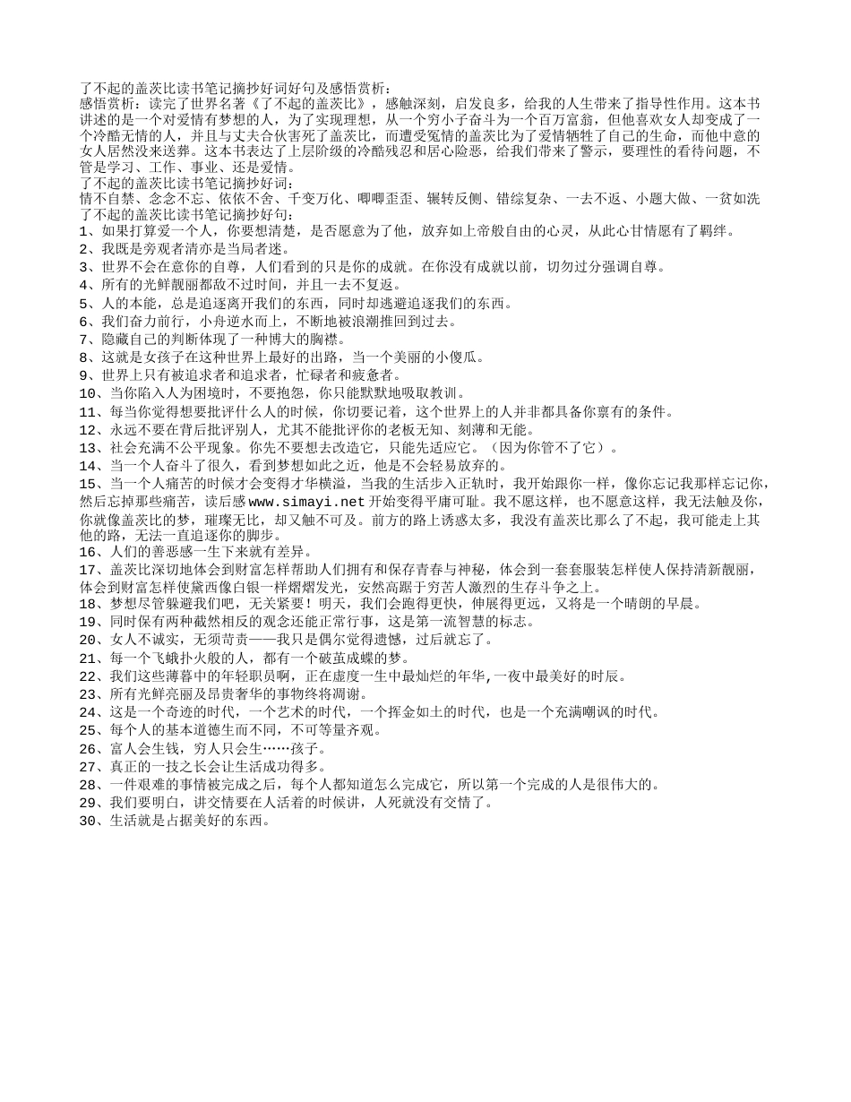 了不起的盖茨比读书笔记摘抄好词好句及感悟赏析.txt_第1页