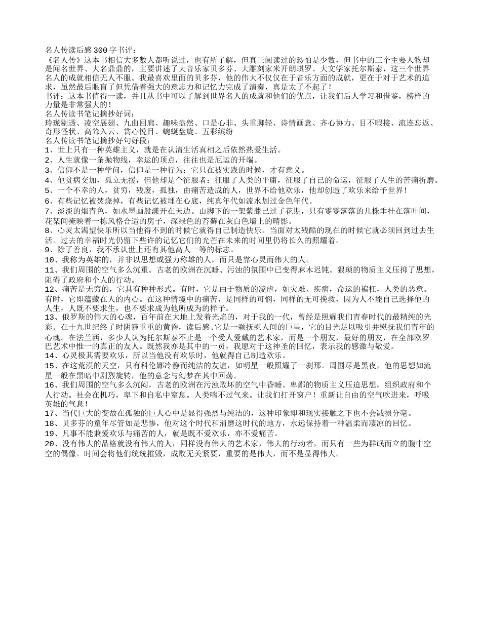 名人传读书笔记摘抄好词好句好段及读后感.txt_第1页