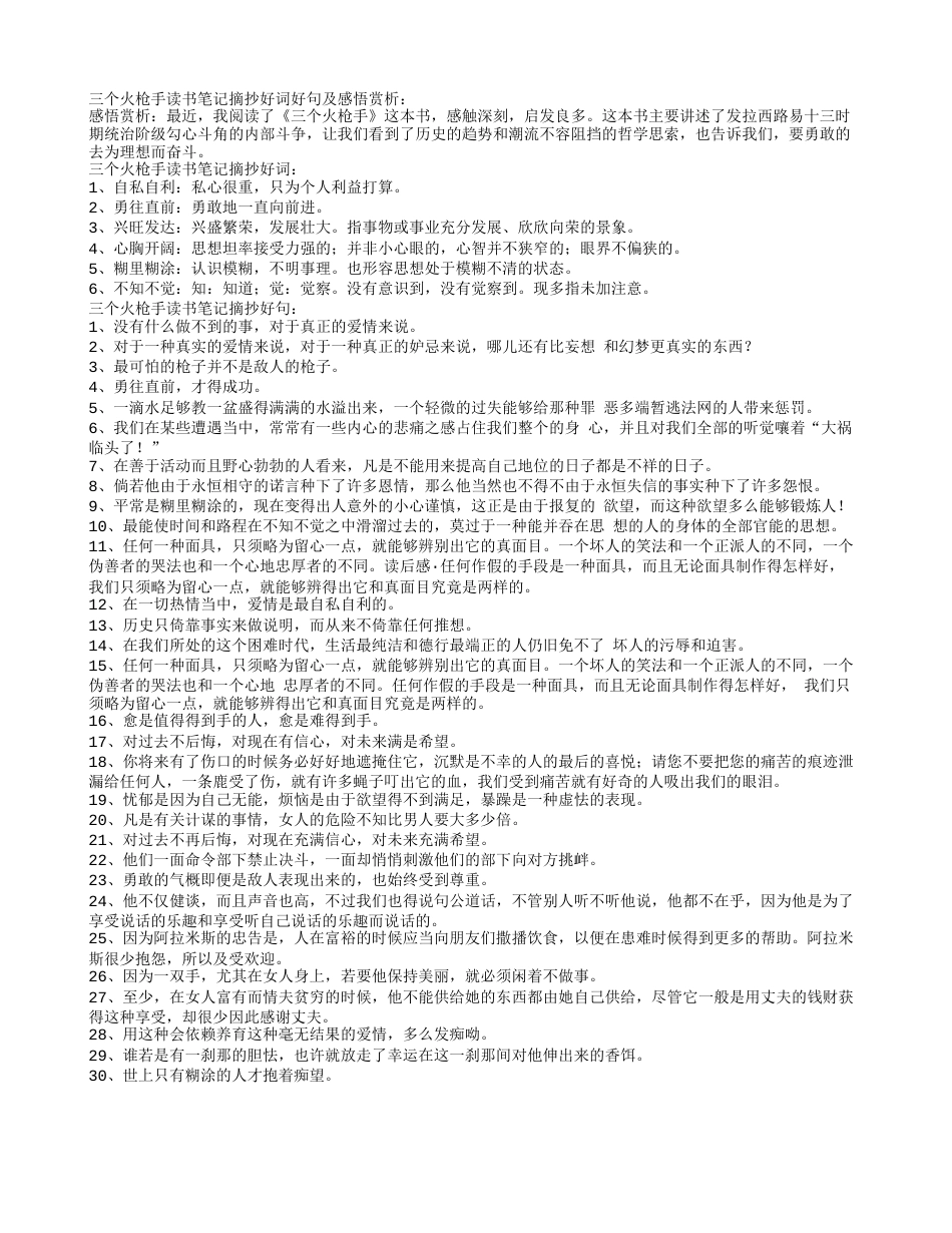 三个火枪手读书笔记摘抄好词好句及感悟赏析.txt_第1页