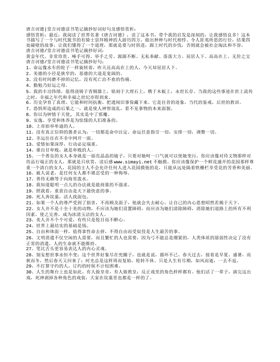 唐吉诃德｜堂吉诃德读书笔记摘抄好词好句及感悟赏析.txt_第1页