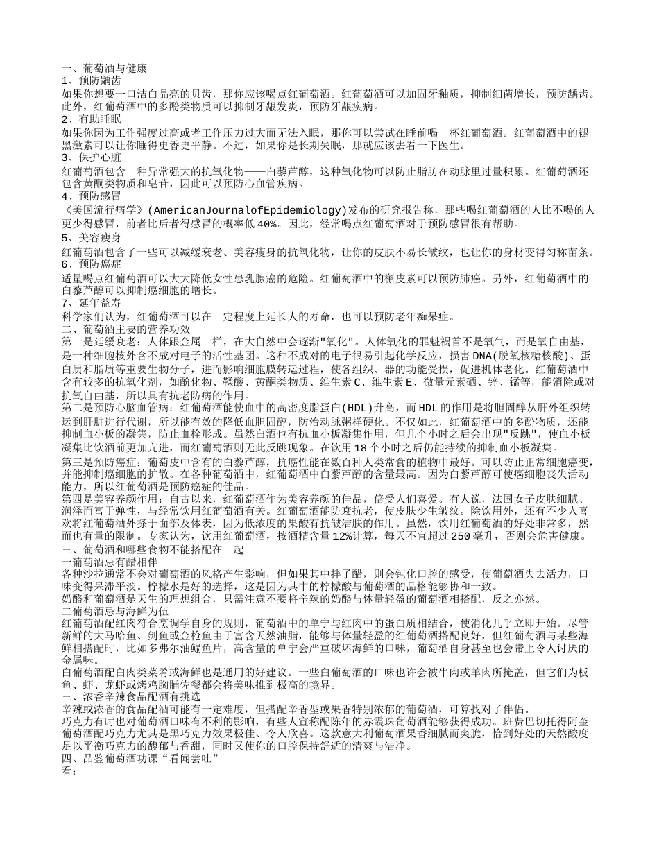 葡萄酒与健康 品鉴葡萄酒功课“看闻尝吐 ”.txt_第1页