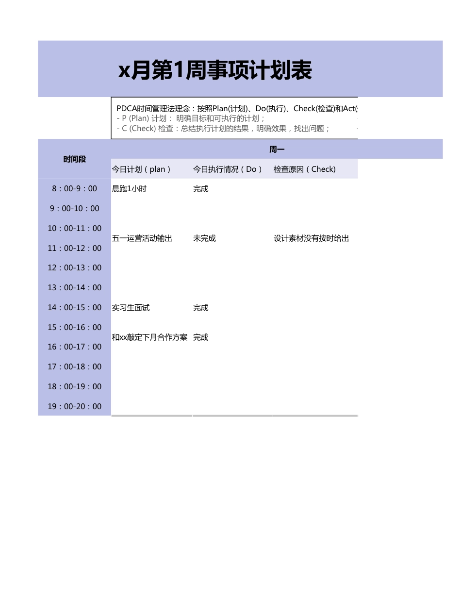 【运营管理表格】PDCA法每周事项计划表.xlsx_第1页