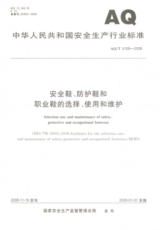 AQ／T 6108-2008 安全鞋、防护鞋和职业鞋的选择、使用和维护.PDF