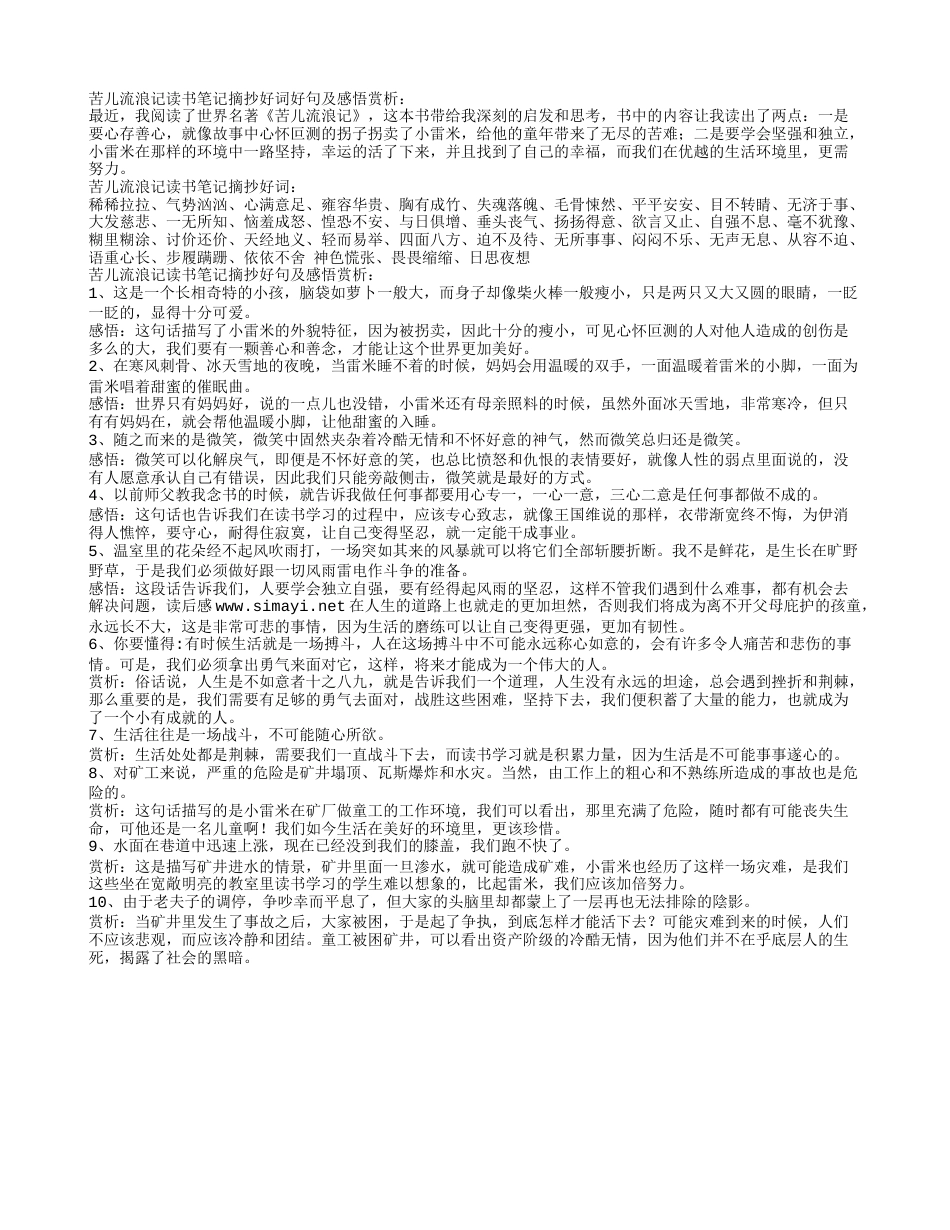 苦儿流浪记读书笔记摘抄好词好句及感悟赏析.txt_第1页