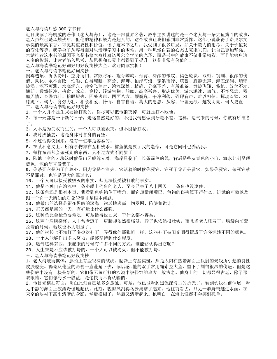 老人与海读书笔记摘抄好词好句好段及读后感300字.txt_第1页