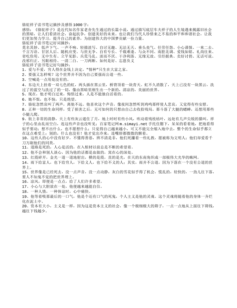 骆驼祥子读书笔记摘抄及感悟1000字.txt_第1页