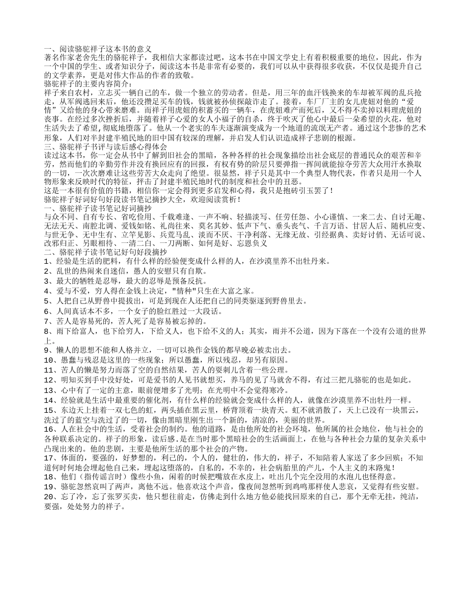 骆驼祥子好词好句好段读书笔记摘抄及读后感600字.txt_第1页