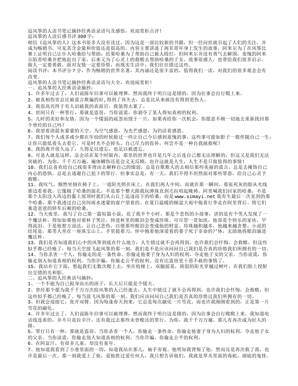 追风筝的人读书笔记摘抄及感悟.txt_第1页